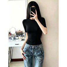 批发230克冰丝罗纹  修身上衣女新款收腰甜酷薄款<b class='q'>紧身</b>显瘦半袖<b class='q'>T</b><b class='q'>恤</b>轻奢