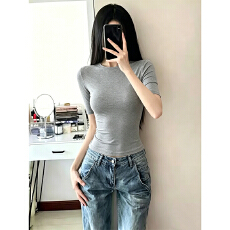 批发230克冰丝罗纹  修身上衣女新款收腰甜酷薄款<b class='q'>紧身</b>显瘦半袖<b class='q'>T</b><b class='q'>恤</b>轻奢