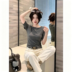 批发230克冰丝罗纹  一字肩五分<b class='q'>袖</b>T恤女新款修身显瘦时尚<b class='q'>上衣</b>气质百搭