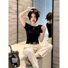 批发230克冰丝罗纹  一字肩五分<b class='q'>袖</b>T恤女新款修身显瘦时尚<b class='q'>上衣</b>气质百搭