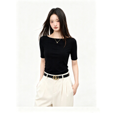 批发230克冰丝罗纹  一字肩五分<b class='q'>袖</b>T恤女新款修身显瘦时尚<b class='q'>上衣</b>气质百搭