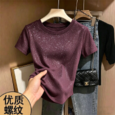 批发230克冰丝罗纹  正肩一字领修身显瘦t恤女复古收腰五分<b class='q'>袖</b>打底<b class='q'>上衣</b>