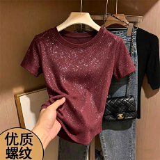 批发230克冰丝罗纹  正肩一字领修身显瘦t恤女复古收腰五分<b class='q'>袖</b>打底<b class='q'>上衣</b>