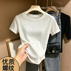 批发230克冰丝罗纹  正肩一字领修身显瘦t恤女复古收腰五分<b class='q'>袖</b>打底<b class='q'>上衣</b>