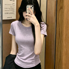 批发230克冰丝罗纹  正肩一字领修身显瘦t恤女复古收腰五分袖打底上衣