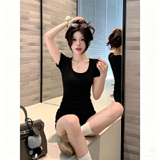 批发230克冰丝罗纹    复古修身收腰短袖t恤女夏季辣妹显瘦超好看上衣