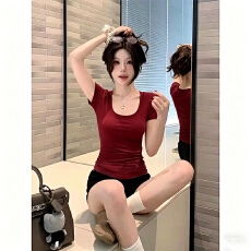批发230克冰丝罗纹    复古修身收腰短袖t恤女夏季辣妹显瘦超好看上衣