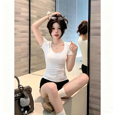 批发230克冰丝罗纹    复古修身收腰短袖t恤女夏季辣妹显瘦超好看上衣