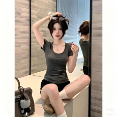 批发230克冰丝罗纹    复古修身收腰短袖t恤女夏季辣妹显瘦超好看上衣