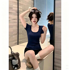 批发230克冰丝罗纹    复古修身收腰短袖t恤女夏季辣妹显瘦超好看上衣