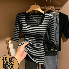 批发230克冰丝罗纹    复古简约中袖条纹T恤女美式设计感修身显瘦上衣