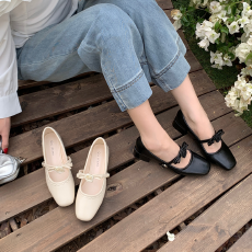 批发法式粗跟温柔晚晚玛丽珍鞋女鞋子蝴蝶结一字带方头不累脚芭蕾舞鞋