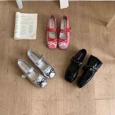 批发方头蝴蝶结银色玛丽珍鞋内增高早<b class='q'>秋</b>新款芭蕾红格子双扣带女单鞋子