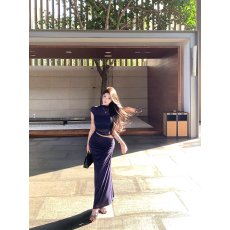 批发JAYKY YANG雕塑女神藏青色网纱正肩<b class='q'>背心</b>扭结开叉半身裙两件套