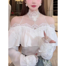 批发法式气质绝美<b class='q'>蕾丝</b>拼接微透挂脖<b class='q'>衬衣</b>女荷叶边一字肩纯欲风白色<b class='q'>衬衫</b>