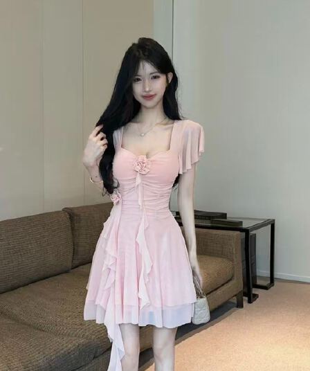 실사 2026 새로운 섹시함 Feifei 소매 꽃 패치워크 퍼프 망사 드레스