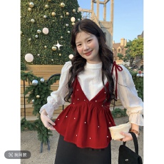 批发火火火限定氛围韩系氛围感珍珠v领<b class='q'>丝绒</b>吊带上衣+喇叭袖衬衣打底