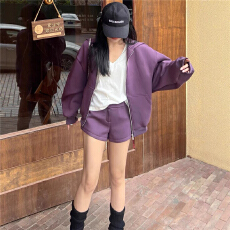 批发高级感紫色休闲<b class='q'>套装</b>女2026春季宽松连帽卫衣外套<b class='q'>短裤</b>减龄两件套潮