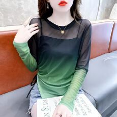 批发抽绳新款防晒时尚性感渐变微透网纱长袖<b class='q'>夏季</b>宽松薄款打底上衣T恤