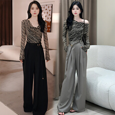 批发韩系设计斑马纹长袖斜肩上衣2025春秋新款高腰直筒<b class='q'>裤</b>两件套