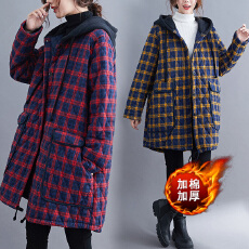批发2025冬装大码棉服棉麻彩色格子夹棉加厚外套女宽松中长款