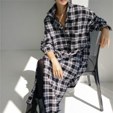 批发韩版宽松<b class='q'>大码</b>女装长袖衬衫裙2025秋季新款格子侧开叉衬衫连衣裙女