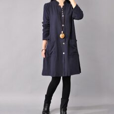 批发亚麻女士衬衫裙春秋装宽松大码文艺V领品牌中长款棉麻长袖连衣裙