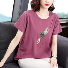 批发圆领绣花纯棉短袖T恤女<b class='q'>中老年</b><b class='q'>妈妈</b>装宽松刺绣上衣服大码遮肚汗衫
