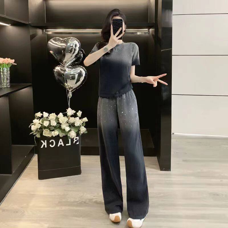 그라데이션 색상 프린트 한 부서 여름 세트 여성 패션 연령 감소 캐주얼 운동 그라데이션 색상 반팔 와이드 레그 팬츠 투피스 세트