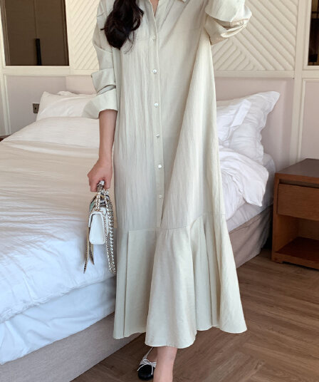한국 chic 프랑스식 루즈핏 느긋한 바람 폴로 칼라 싱글 줄 버튼 인어 꼬리 무릎 아래 롱 코트 드레스