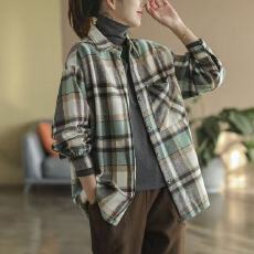 批发<b class='q'>外贸</b>剪标女装尾货秋季新款宽松文艺大码磨毛棉格纹<b class='q'>衬衫</b>外套女