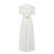 批发GRETA 2026春新款复古<b class='q'>西装</b>领重工钉钻<b class='q'>蕾丝</b>短袖长款连衣裙