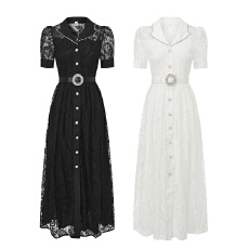 批发GRETA 2026春新款复古<b class='q'>西装</b>领重工钉钻<b class='q'>蕾丝</b>短袖长款连衣裙