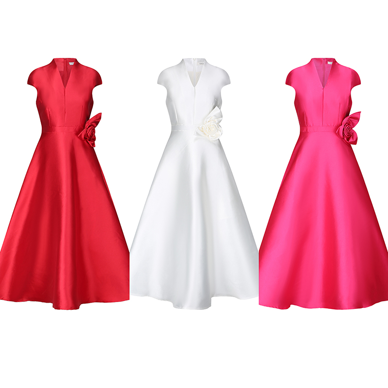 RY70117# 春新款高贵优雅婚宴礼服立体花朵V领包袖收腰连衣裙