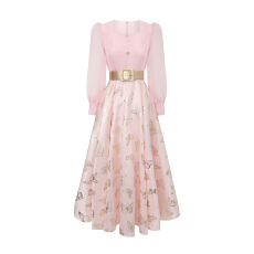 批发GRETA 2026春夏泡泡纱拼接蝴蝶烫金大摆<b class='q'>礼服</b>裙