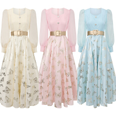 批发GRETA 2026春夏泡泡纱拼接蝴蝶烫金大摆<b class='q'>礼服</b>裙