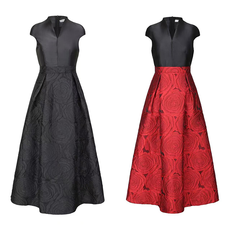 RY70123# 春新款高贵优雅V领拼接提花婚宴礼服连衣裙