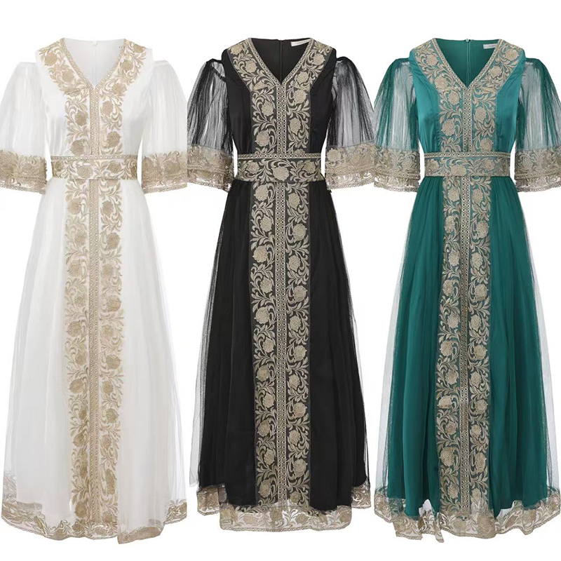 RY70121# 春夏新款重工花边拼接网纱长款连衣裙