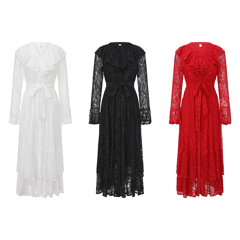 RY70120# 春新款复古蕾丝荷叶边喇叭袖长款连衣裙