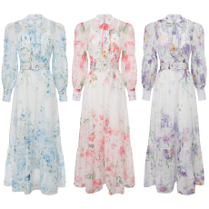 批发GRETA 2026春夏新款水彩印染重工钉珠立领灯笼袖印花<b class='q'>连衣裙</b>