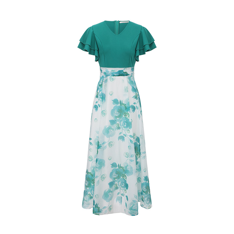 RY327# GRETA 2026春夏新款多层荷叶袖拼接印花长款连衣裙