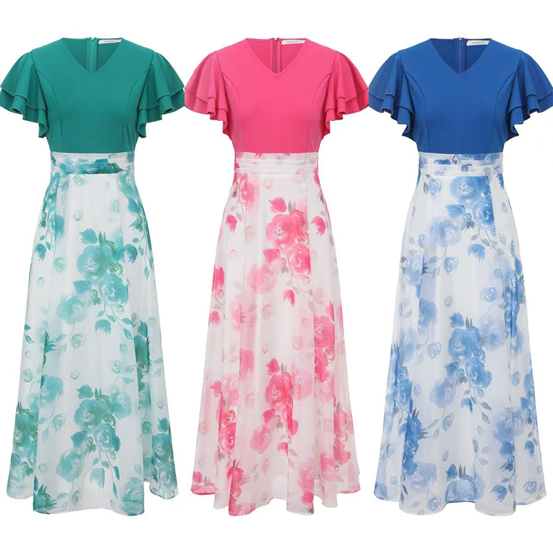 RY717# GRETA 2026春夏新款多层荷叶袖拼接印花长款连衣裙