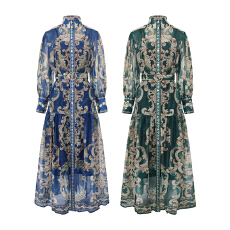 批发GRETA 2026春季新款古典宫廷风印花束腰单排扣长款<b class='q'>连衣裙</b>