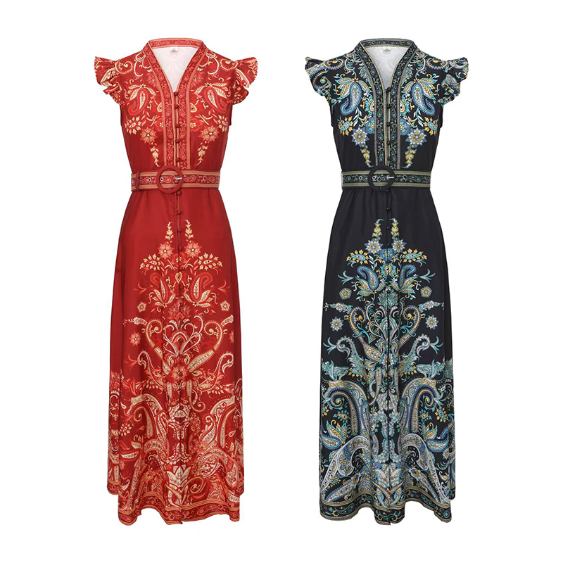 RY716# GRETA 2026春夏新款复古民族风气质印花小飞袖大摆连衣裙