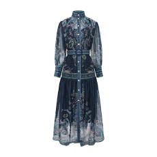 批发GRETA 2026春季新款古典<b class='q'>宫廷</b>风印花束腰单排扣长款<b class='q'>连衣裙</b>