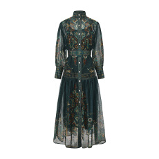 批发GRETA 2026春季新款古典<b class='q'>宫廷</b>风印花束腰单排扣长款<b class='q'>连衣裙</b>