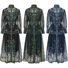 批发GRETA 2026春季新款古典<b class='q'>宫廷</b>风印花束腰单排扣长款<b class='q'>连衣裙</b>