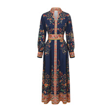 批发GRETA 2026春夏复古<b class='q'>宫廷</b>风V领单排扣灯笼袖收腰长款<b class='q'>连衣裙</b>