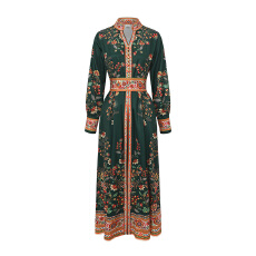 批发GRETA 2026春夏复古<b class='q'>宫廷</b>风V领单排扣灯笼袖收腰长款<b class='q'>连衣裙</b>