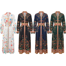 批发GRETA 2026春夏复古<b class='q'>宫廷</b>风V领单排扣灯笼袖收腰长款<b class='q'>连衣裙</b>